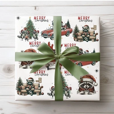 Funny Raccoon Christmas Wrapping Paper, Woodland Animal Holiday Gift Wrap - Image 1 of 4
