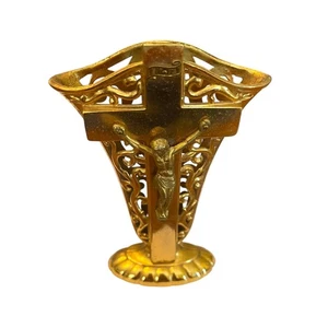 Goldtone Crucifix Vase Decor Scrolled Open 5.5"h - Picture 1 of 12