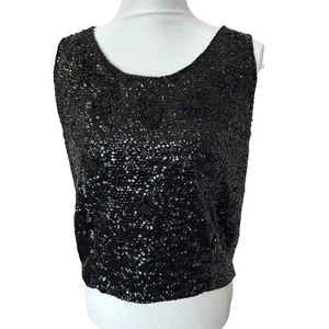 Vtg Wool Sequin Beaded Flower Sleeveless Knit Top 60s Size L Black Lined Glam - Picture 1 of 17