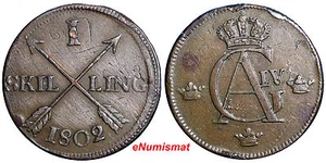 SWEDEN COPPER 1802  1 SKILLING OVERSTRUCK ON 2 ORE S.M. 1743-1768  KM#566 (2420) - Picture 1 of 3