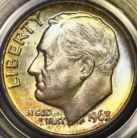 Toned PCGS MS67 1963 D Roosevelt Dime 10c Registry Grade PQ Color Older Holder Cover
