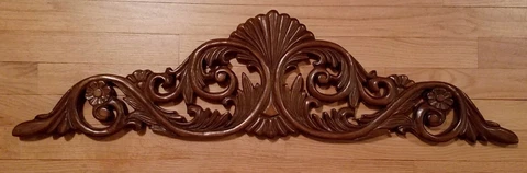 Large Ornate Wood Carved Leaf & Scroll Pediment 35" Dark Wood Stain Cover