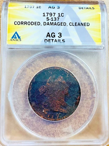 1797 Draped Bust Large Cent with stems S-137 ANACS AG3 details Cover