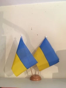 UKRAINE X2 TWIN TABLE FLAG SET with WOODEN BASE 9"X6" FLAGS - Picture 1 of 1
