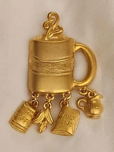 Goldtone Steaming Dumonde Coffee Cup Pin Brooch Daily News Milk Coffee Beans - Picture 1 of 7