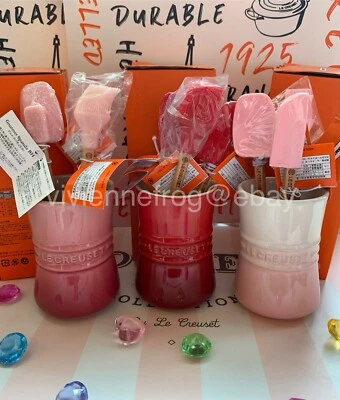 AUTHENTIC LE CREUSET CERISE RED / POWDER PINK MINI CROCK HOLDER UTENSIL SET RARE - Image 1 of 4