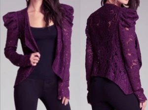Bebe Purple Plum Lace Pleated Puff Sleeve Renaissance Jacket - Picture 1 of 19