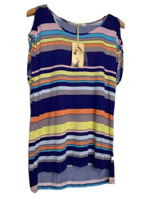 Gibson Womens Tunic Top Blue Yellow Stripe Cold Shoulder High Low Hem Slit L New - Image 1 of 4