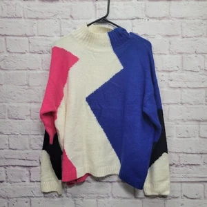 NEU Umgee The Audree Pullover Gr. S Retro asymmetrisch künstlerisch blau rosa Stehkragen - Bild 1 von 9