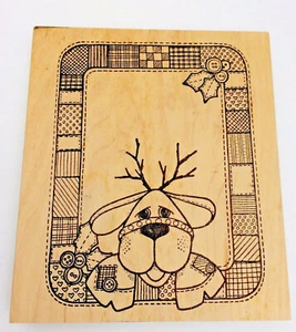 REINDEER DOG FRAME Button Holly CHRISTMAS COUNBTRY Rubber Cottage Stamper K812 - Picture 1 of 6