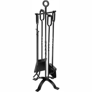 5PCS Wrought Iron Fireplace Tools Set w/ Poker Tongs Shovel Brush Wood Stove - Picture 1 of 7