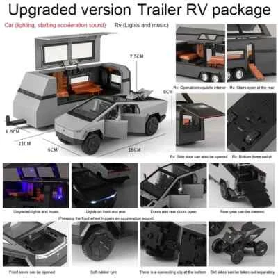 Tesla Cyber Truck 1:32 Alloy Model - ATV Included - Light & Sound -Silver RV Set - Image 1 of 4