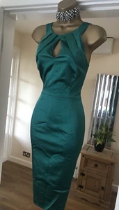 Coast Satin teal green satin pleated pencil wiggle stretchy cocktail dress 14 - Picture 1 of 7