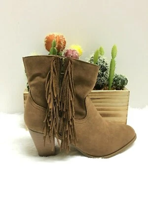 Botín Sugar Tuko para mujer color tostado con flecos talla 7M gamuza botín occidental zapatos Foto 1 de 4