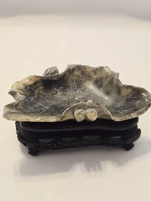 Vintage Chinese Moss Agate Brush Washer Lotus Flower Dishes W/ Stand - Image 1 of 4