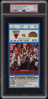 1997 Bulls Denver Ticket Stub Pippen Career High 47 Pts. Jordan Cover PSA 2 Rare - Image 1 of 3