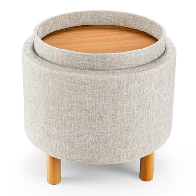 Costway Round Storage Ottoman w/Tray Top Accent Padded Footrest w/Wood Leg Beige - Image 1 of 4