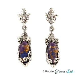 Sterling Silver Purple Copper Turquoise Earrings – Ornate Leaf Scroll Dangle - Picture 1 of 10