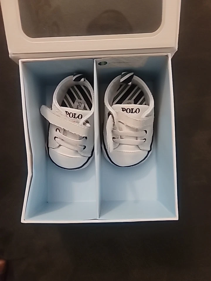 Polo Ralph Lauren Layette Baby Sneakers Size1 White Blue Leather Tennis Shoe New - Image 1 of 2