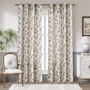 Floral Linen Curtains for Living Room 84 Inch Length Butterfly Curtain Black ... - Picture 1 of 9