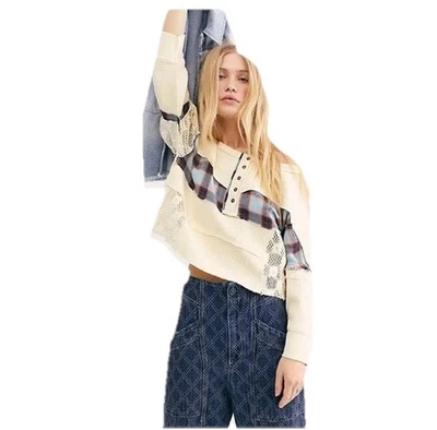 Free People We The Free Womens L Nina Tee Plaid Crochet Lace Thermal Henley Top - Image 1 of 4