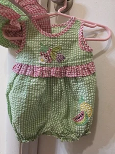 3/6 Months Vintage Summer, Fruit, Plaid, Matching Hat, Outfit - Bild 1 von 6