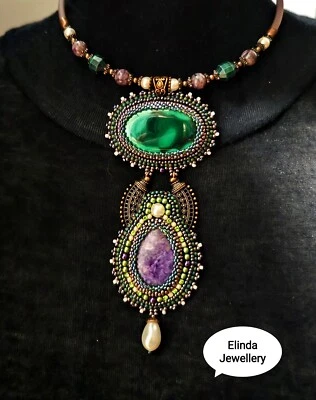 Chocker mit Anhänger Malachit Charoit - Bild 1 von 4