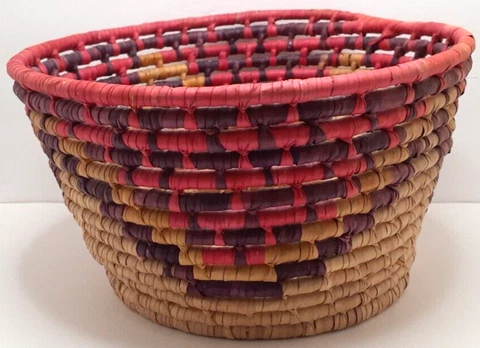 Coiled Woven Round Basket Multicolor 10" Diameter 6" Tall Vintage Handmade Cover