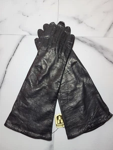 Vintage neu mit Etikett Chevreau Grenoble schwarz Kinder Leder Handschuhe Seide gefüttert Mittelarm Frankreich 7 - Bild 1 von 9