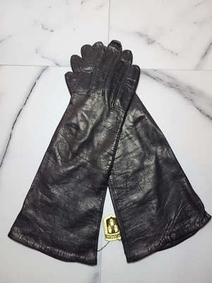 VTG NWT Chevreau Grenoble Black Kid Leather Gloves Silk Lined Mid Arm France 7 - Image 1 of 4
