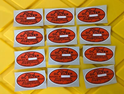 (12) VINTAGE FORD OIL FILTER DECAL STICKER MOTORSPORT GARAGE  Flint Spark plug - Image 1 of 3