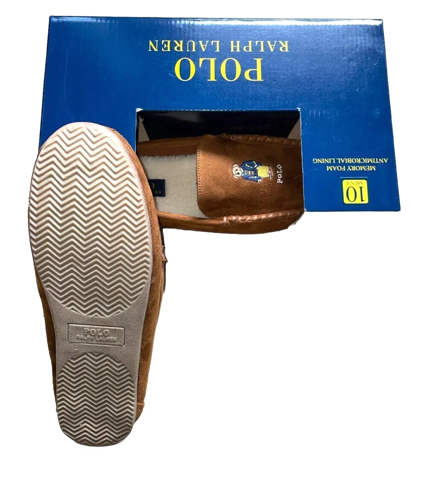 Polo Bear Slippers Mens 8 Brown Fleece Lined Sherpa Ralph Lauren Loafer