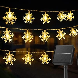 Solar Christmas Snowflake String Light 100 LED 39 FT Waterproof Fairy Warm White - Picture 1 of 6