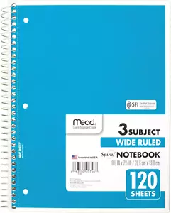 Mead Spiral Notebook, 3 Subject, Wide Ruled Paper, 120 Sheets, 10-1/2" X 8", Col - Picture 1 of 12
