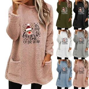 2024 Women Christmas Reindeer Fleece Fur Jumper Hoodie XMAS Dress Tops SIZE 6-20 - Picture 1 of 16