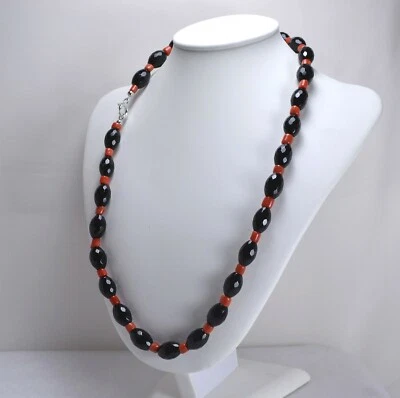 COLLANA LUNGA IN ARGENTO 925 CON CORALLO ROSSO E ONICE FACCETTATO AGLN 0116 - Immagine 1 di 3