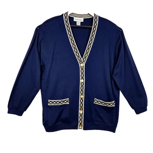 VTG Cathy Daniels Cardigan Sweater Women's Size L Navy Grandmacore V-Neck - Picture 1 of 12