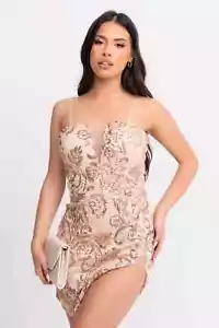 Rose Gold Luxe Floral Sequin Lace Plunge Bodycon Mini Asymetric Curve Slit Dress - Picture 1 of 12