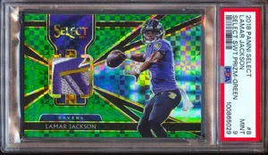 2018 Panini Select Lamar Jackson RC Patch Verde SSP #/5 Logo Patch Rookie PSA 9 - Foto 1 di 2
