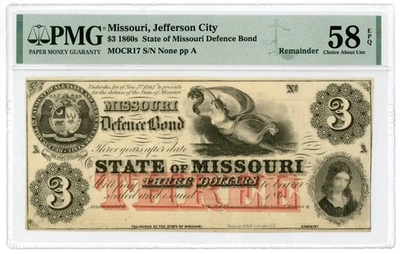 1860's Cr.17 $3 The State of MISSOURI "Missouri Defence Bond" Note - PMG 58 EPQ - Image 1 of 2