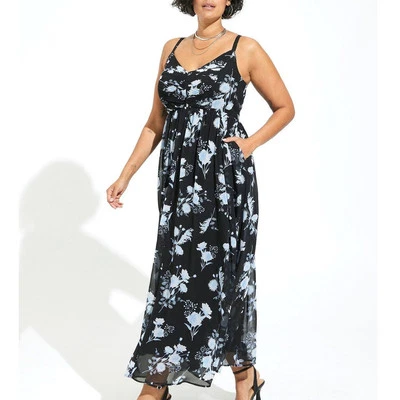 Torrid 1 (1X 14/16) Nuevo Negro/Azul Floral Chifón Maxi Vestido sin Mangas de Sol con Bolsillos Foto 1 de 3