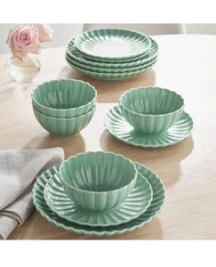 The Pioneer Woman Colette Scallop Green 12-Piece Stoneware Dinnerware Set - Picture 1 of 4