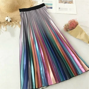 Para mujer Arco Iris Metal Faldas Plisadas Midi Cintura Elástica Swing Informal Vestido Largo - Imagen 1 de 8