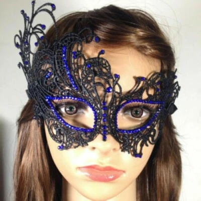 Women Diamante Black Lace Face Eye Mask Venetian Cosplay Halloween Masquerade - Image 1 of 4