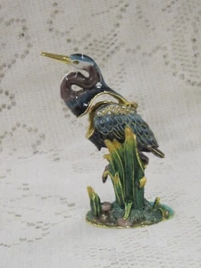 BLUE CRANE STANDING JEWELED PEWTER TRINKET BOX 3" X 3"X 1 1/2 4056 - Picture 1 of 7