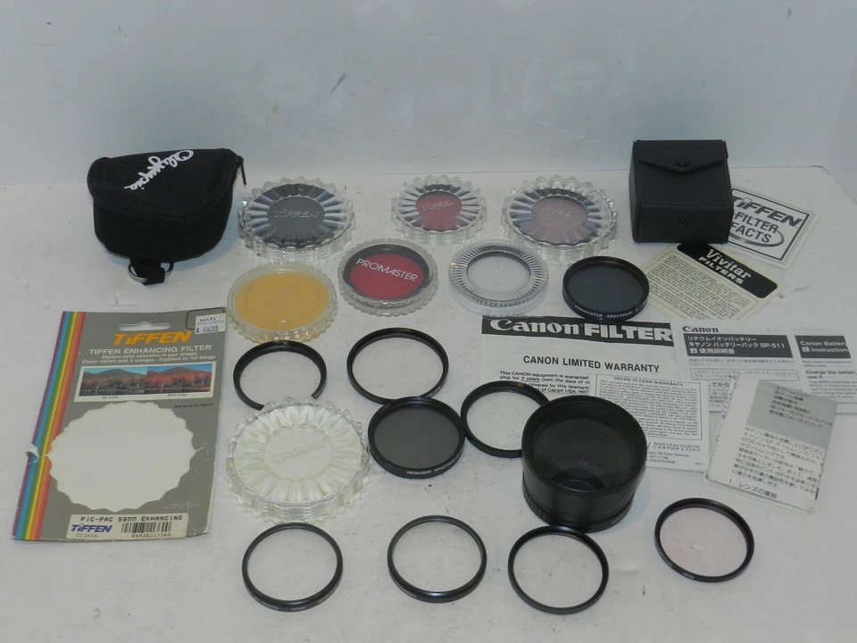 Vtg LOT of Tiffen Vivitar Promaster Chinon lens & Filters 52mm 49mm 58mm MINT - Image 1 of 4
