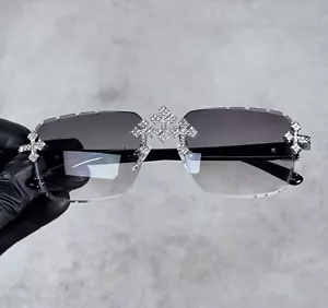 Men’s Triple Cross Iced Out Sunglasses – Grey Frame, Grey Temples, Streetwear - Picture 1 of 5