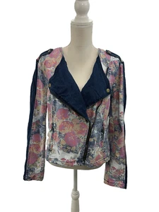 Live a Little Jeansjacke Damen XL Blumen Rosa Blau Denim Reißverschluss - Bild 1 von 8