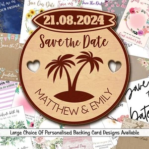 Surfboard Palm Tree Wooden Wedding Save The Date Magnets & Backing Cards - Picture 1 of 7