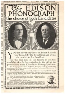 1908 President Race - Taft and Bryan - Edison Record - Print Ad- 1A - Picture 1 of 2